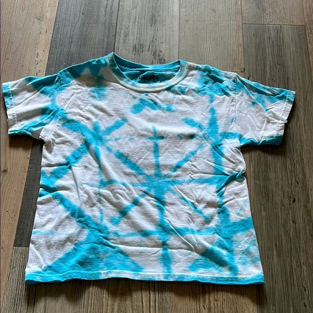 Blue & White Handmade Tie-Dye Gildan Kids T-Shirt Size: Youth Small (S)